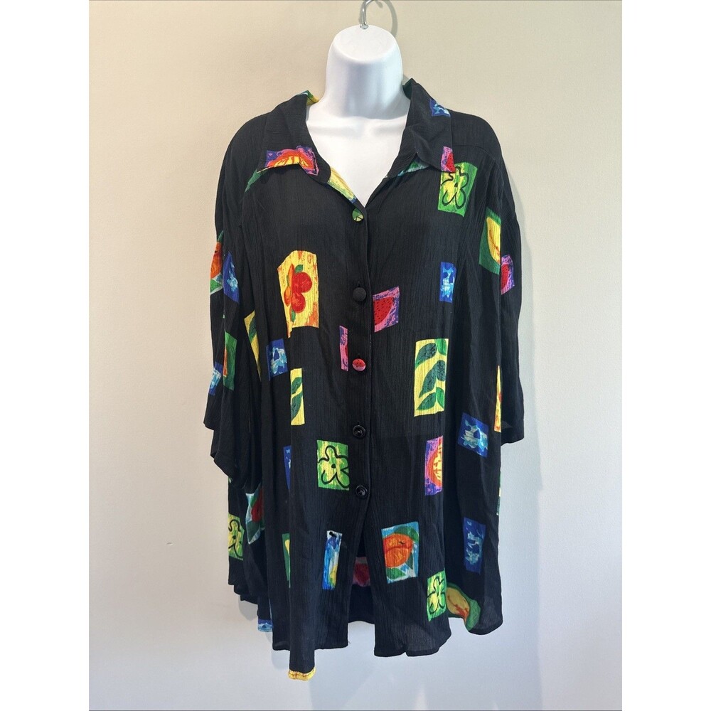 B.O.P. Vintage 90s 2X Black Abstract Art Print Rayon Oversized Button Up Shirt